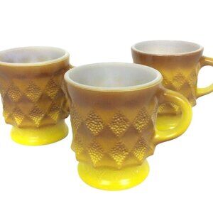 Anchor Hocking Fire King Kimberly Yellow Brown Diamond Coffee Mugs Set Of 3